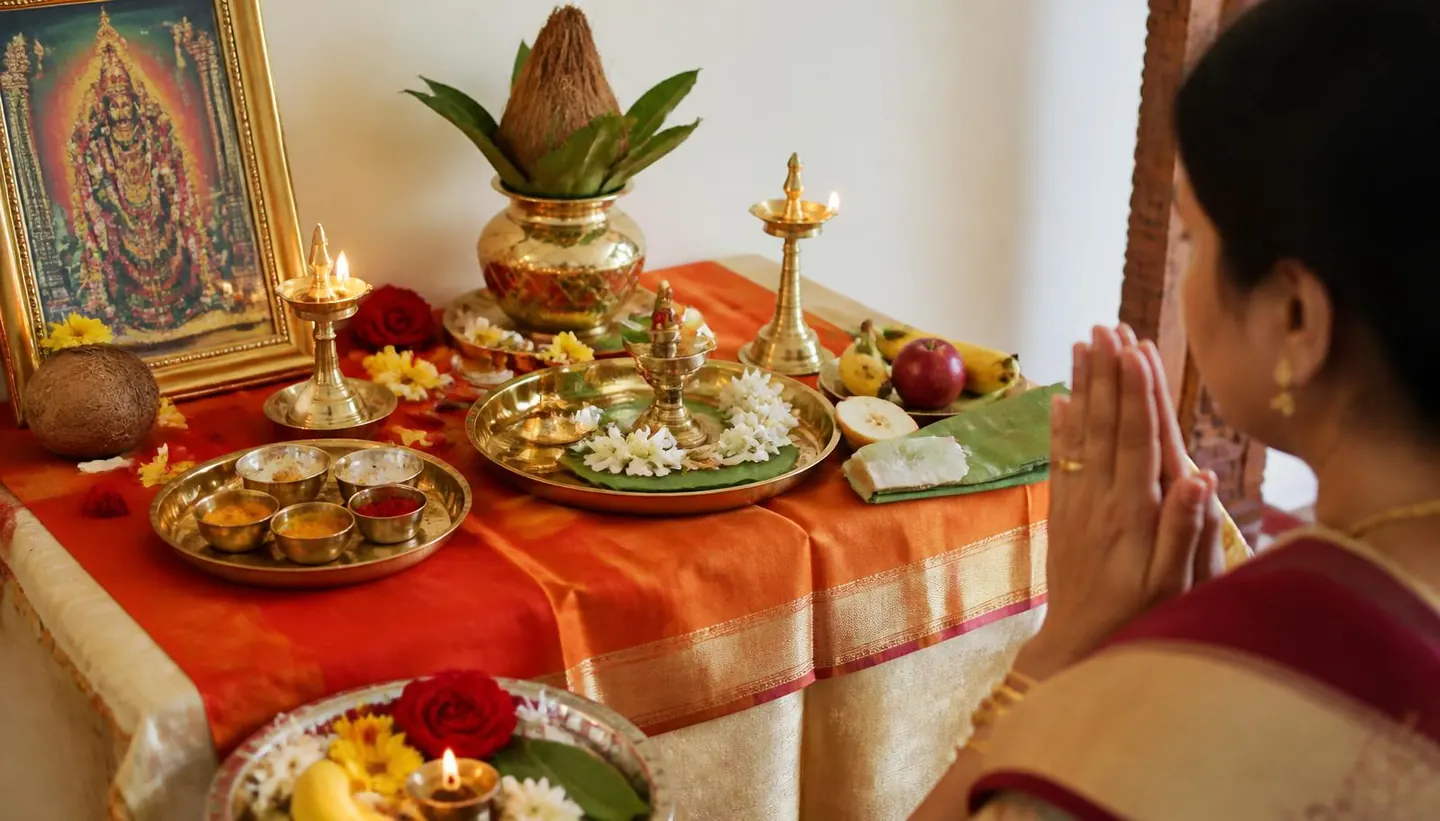 Traditional Hindu vrata puja altar with brass lamps, kalash and flowers