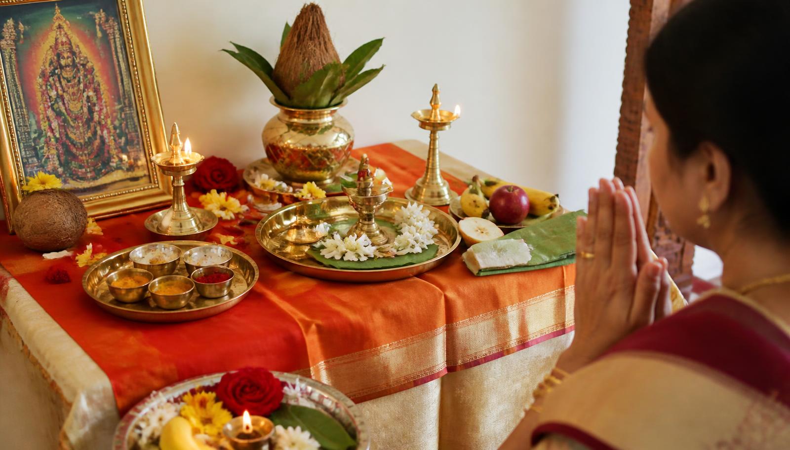 Traditional Hindu vrata puja altar with brass lamps, kalash and flowers